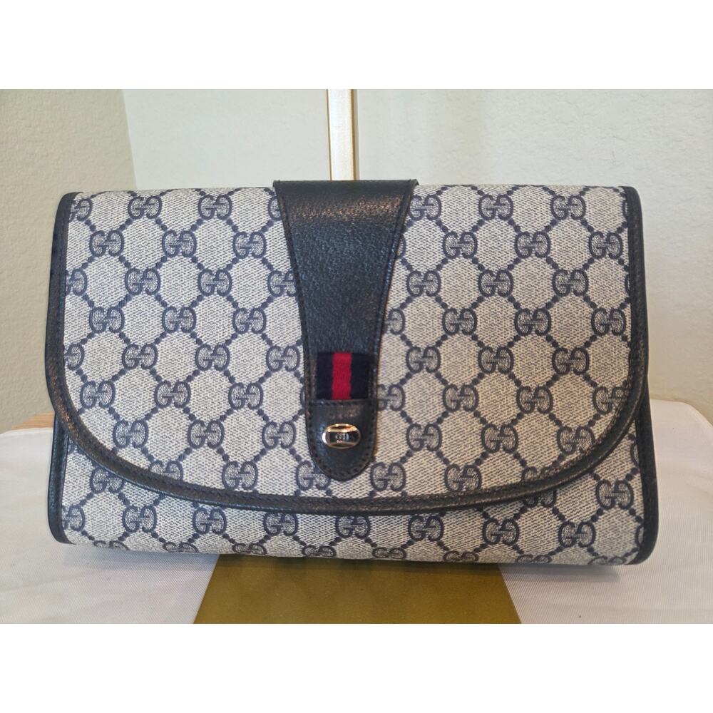 Gucci GG Supreme Clutch Bag Wallet Blue Monogram Web Stripe Ophidia Vintage Navy